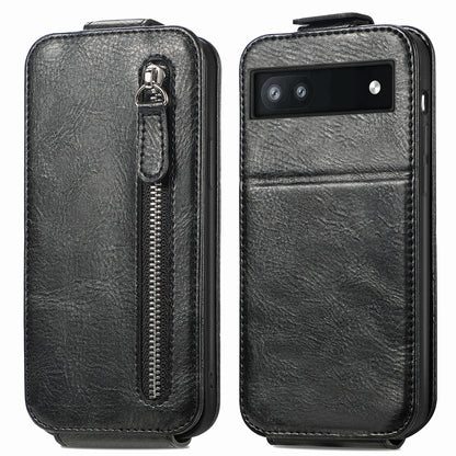 Google Pixel 6a Zipper Wallet Case - Vertical Flip Leather Phone Cover with Multiple Card Slots and Stand