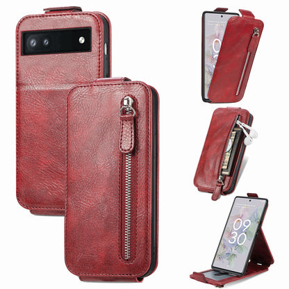 Google Pixel 6a Zipper Wallet Case - Vertical Flip Leather Phone Cover with Multiple Card Slots and Stand