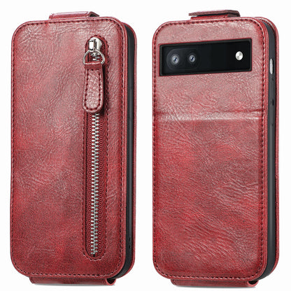 Google Pixel 6a Zipper Wallet Case - Vertical Flip Leather Phone Cover with Multiple Card Slots and Stand