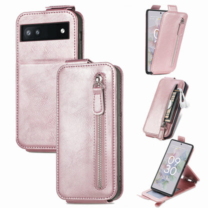 Google Pixel 6a Zipper Wallet Case - Vertical Flip Leather Phone Cover with Multiple Card Slots and Stand