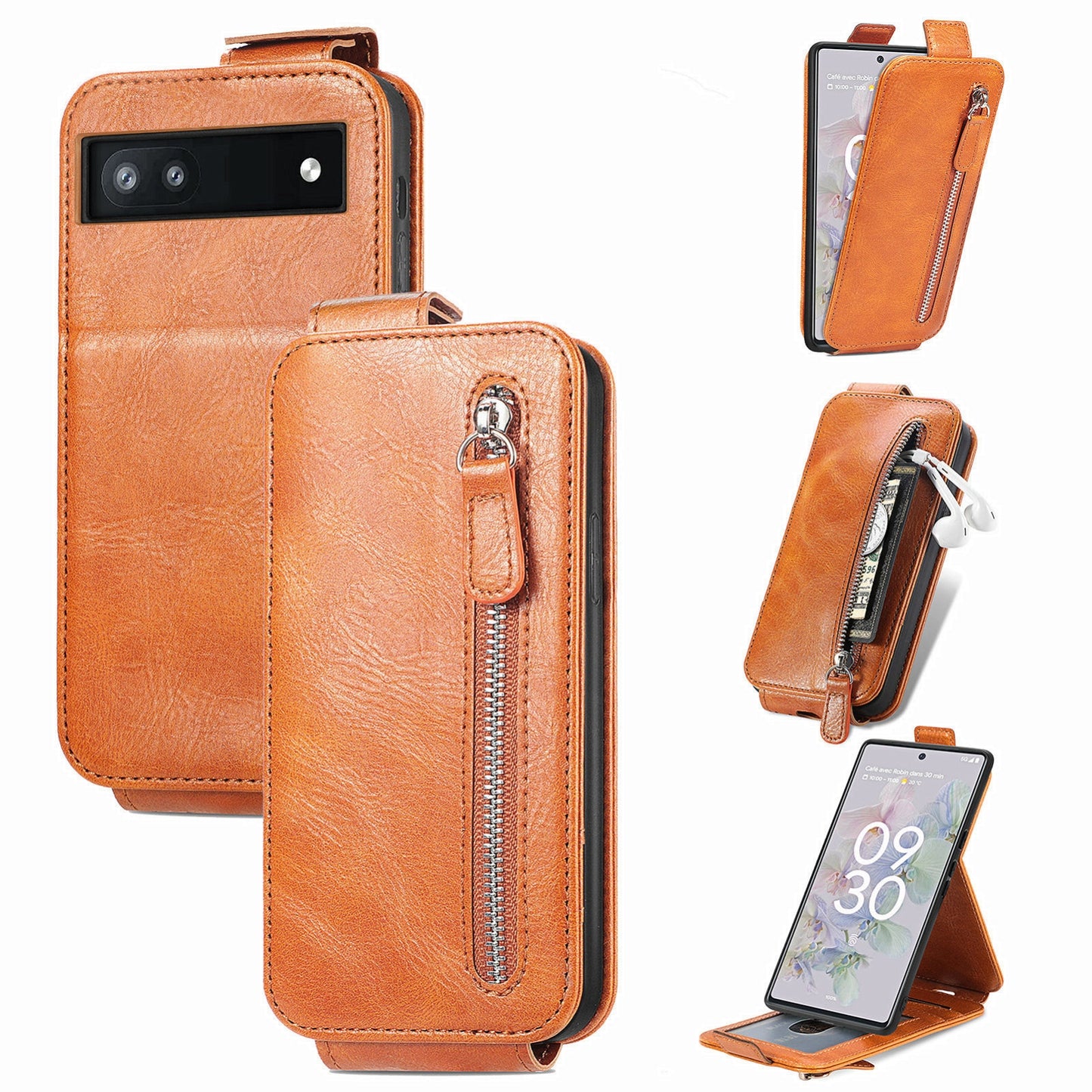 Google Pixel 6a Zipper Wallet Case - Vertical Flip Leather Phone Cover with Multiple Card Slots and Stand