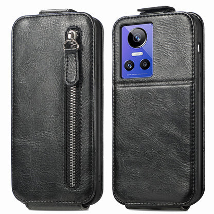 Realme GT Neo 3 Zipper Wallet Case - Vertical Flip Leather Phone Cover with Multiple Card Slots and Stand