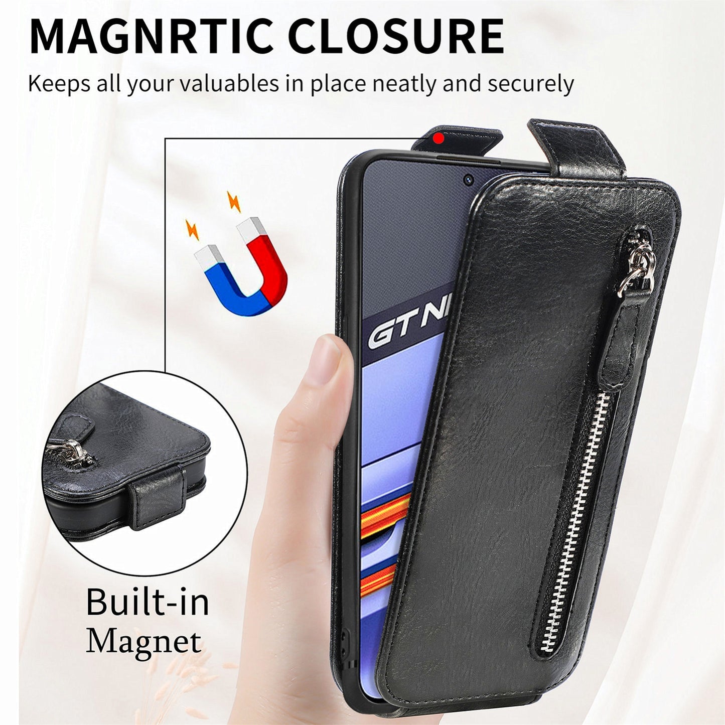 Realme GT Neo 3 Zipper Wallet Case - Vertical Flip Leather Phone Cover with Multiple Card Slots and Stand