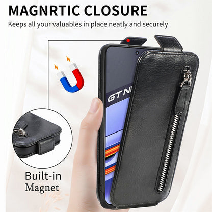 Realme GT Neo 3 Zipper Wallet Case - Vertical Flip Leather Phone Cover with Multiple Card Slots and Stand