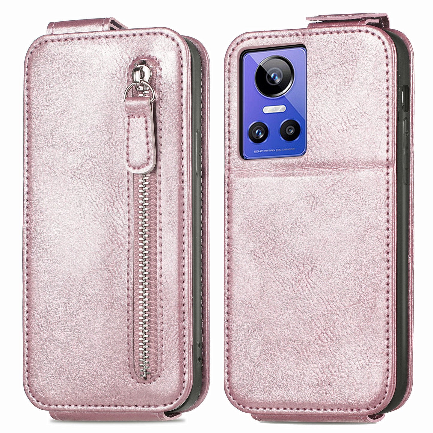 Realme GT Neo 3 Zipper Wallet Case - Vertical Flip Leather Phone Cover with Multiple Card Slots and Stand