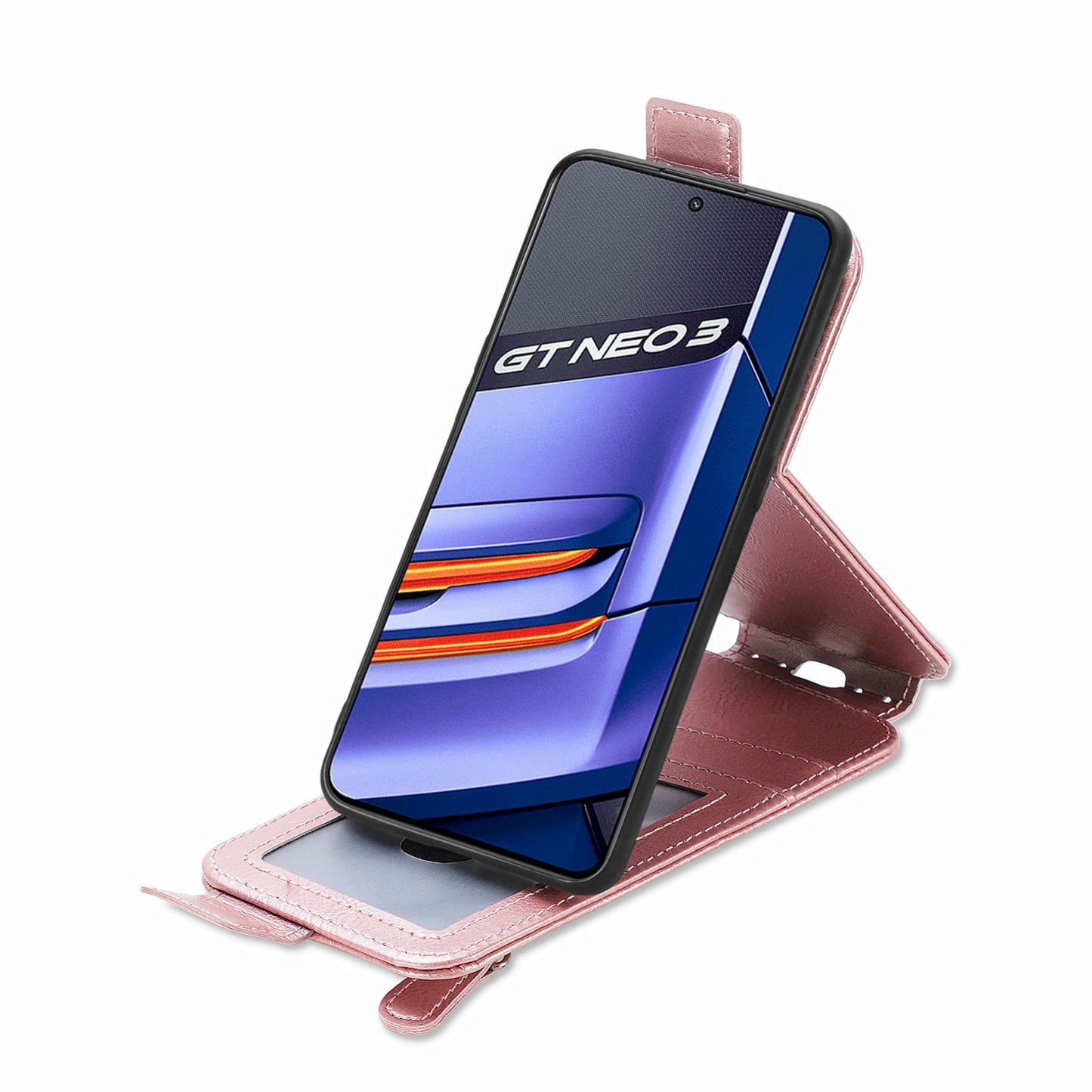 Realme GT Neo 3 Zipper Wallet Case - Vertical Flip Leather Phone Cover with Multiple Card Slots and Stand