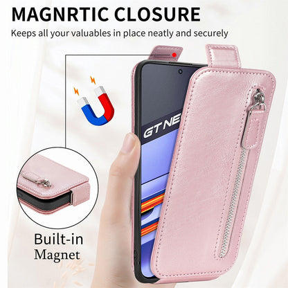 Realme GT Neo 3 Zipper Wallet Case - Vertical Flip Leather Phone Cover with Multiple Card Slots and Stand