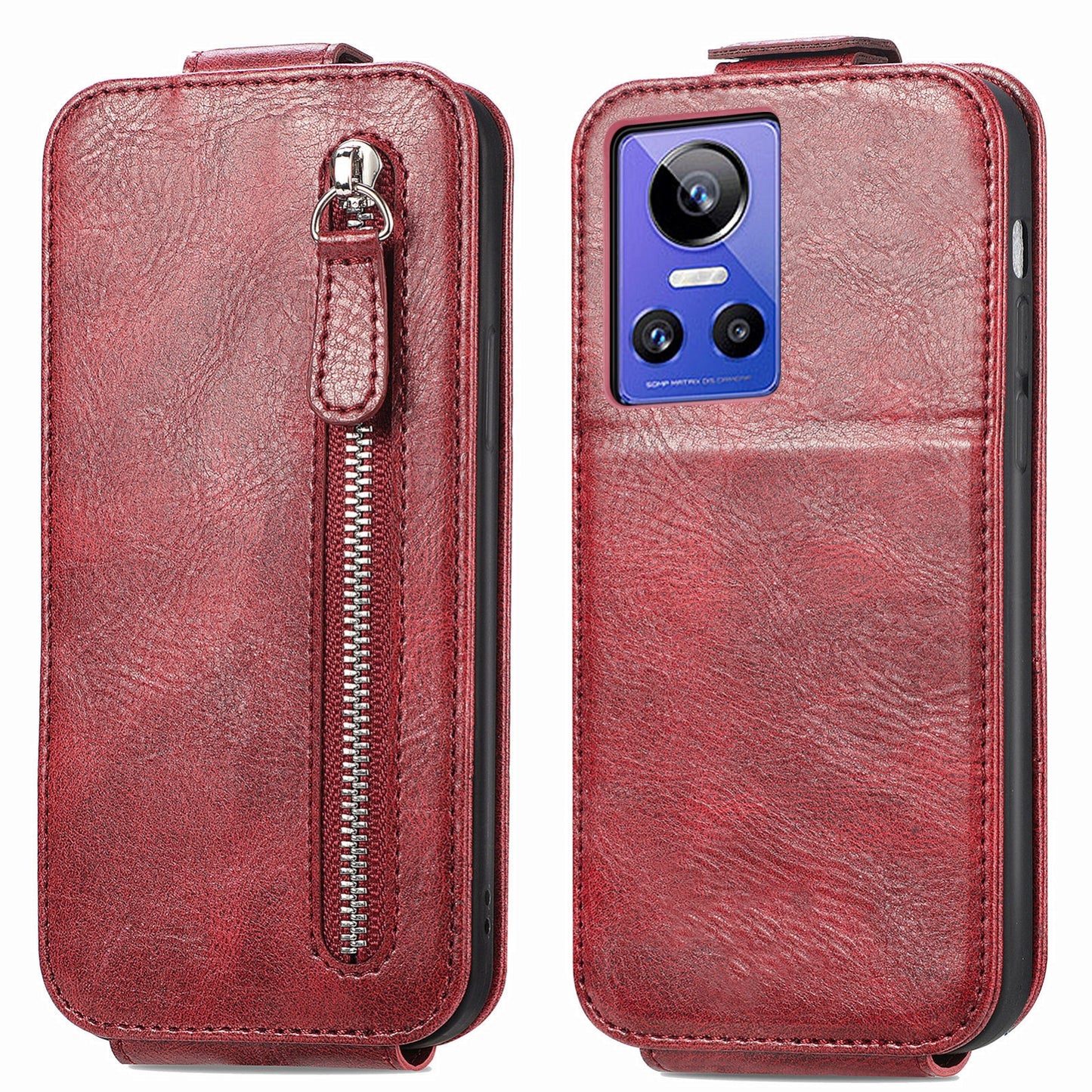 Realme GT Neo 3 Zipper Wallet Case - Vertical Flip Leather Phone Cover with Multiple Card Slots and Stand