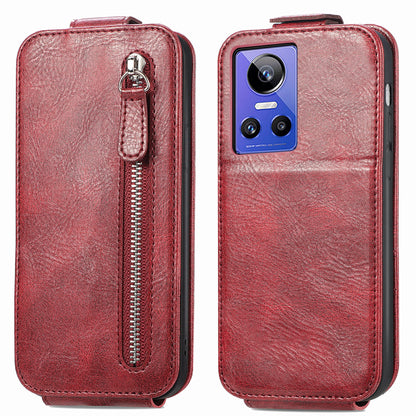 Realme GT Neo 3 Zipper Wallet Case - Vertical Flip Leather Phone Cover with Multiple Card Slots and Stand