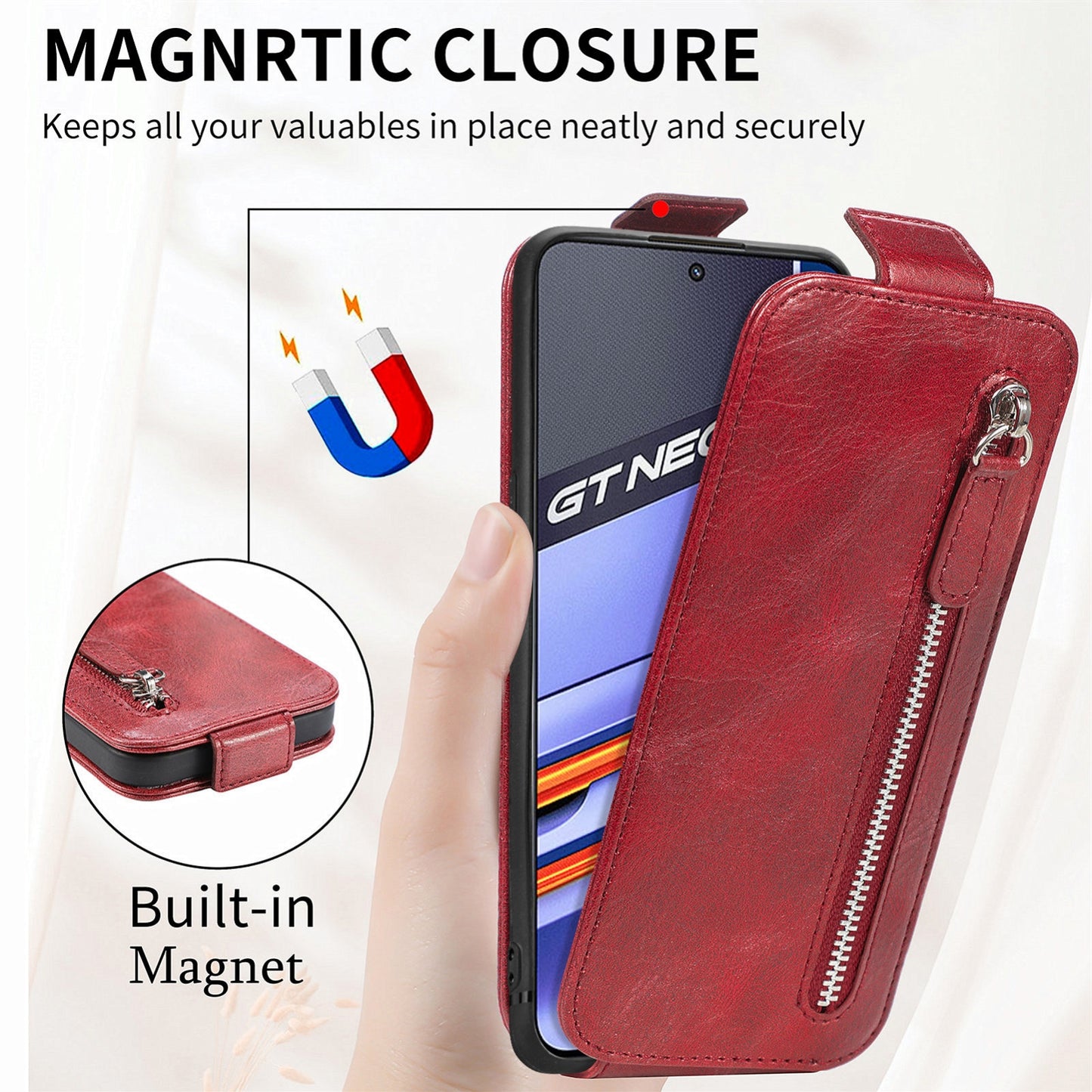 Realme GT Neo 3 Zipper Wallet Case - Vertical Flip Leather Phone Cover with Multiple Card Slots and Stand