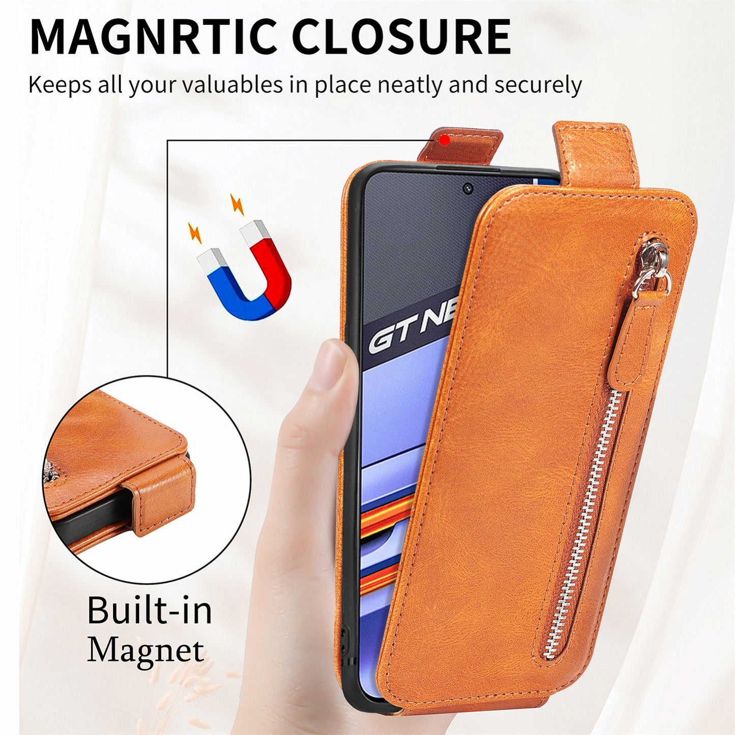 Realme GT Neo 3 Zipper Wallet Case - Vertical Flip Leather Phone Cover with Multiple Card Slots and Stand