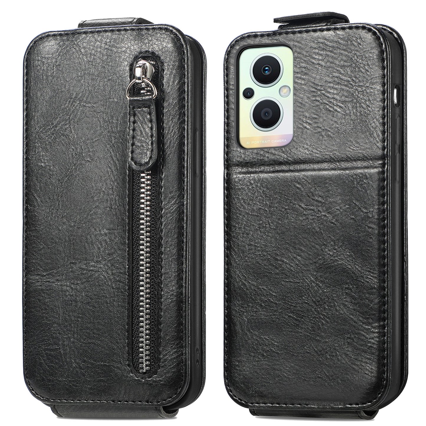 OPPO Reno8 Lite Zipper Wallet Case - Vertical Flip Leather Phone Cover with Multiple Card Slots and Stand