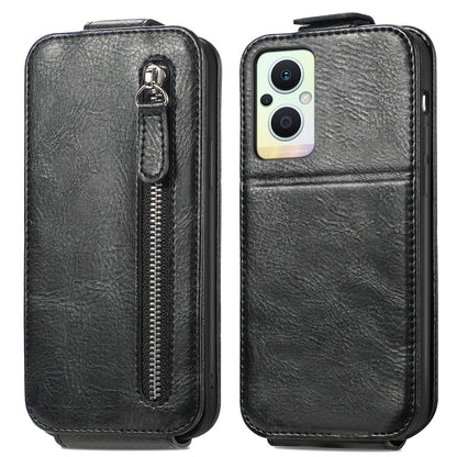 OPPO Reno8 Lite Zipper Wallet Case - Vertical Flip Leather Phone Cover with Multiple Card Slots and Stand