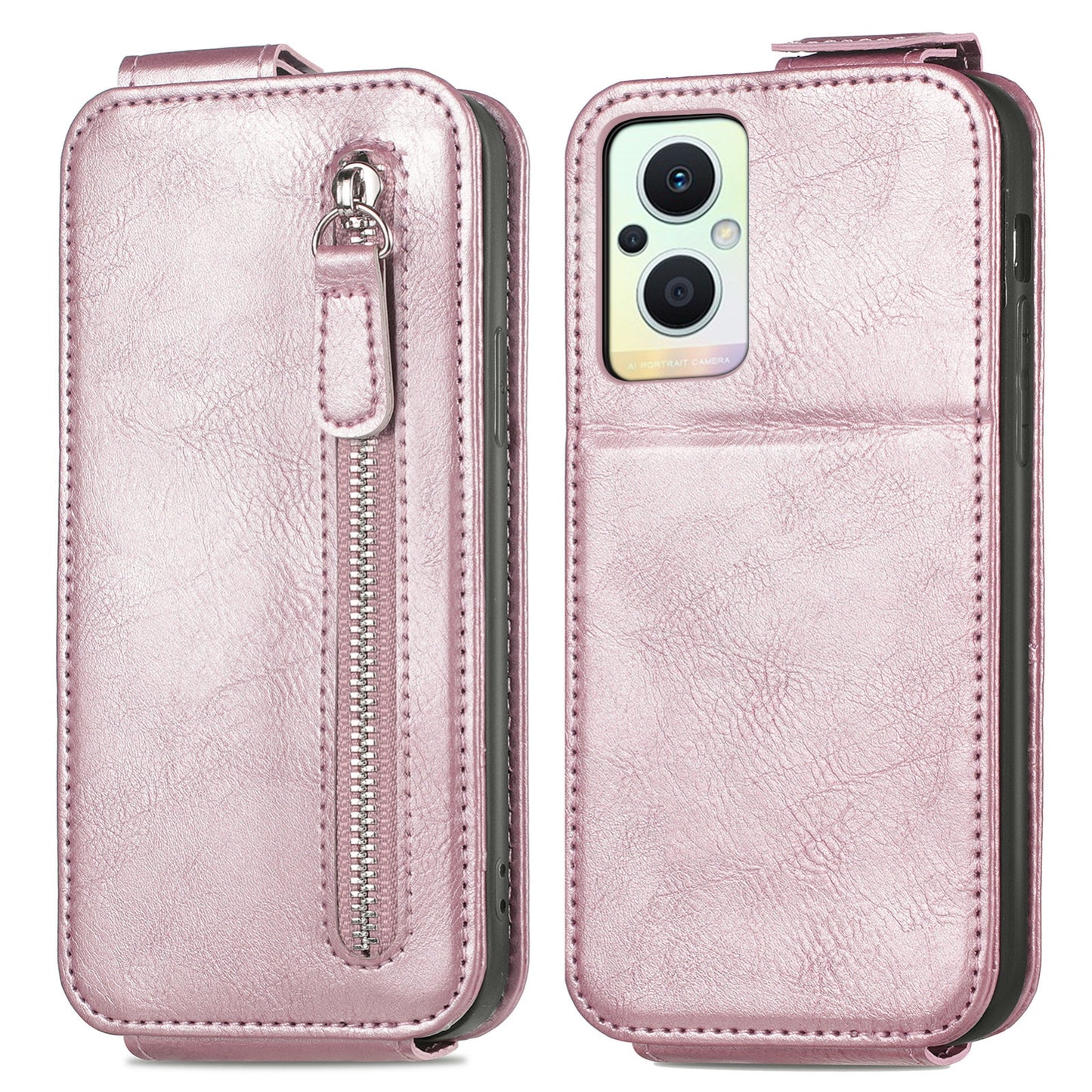 OPPO Reno8 Lite Zipper Wallet Case - Vertical Flip Leather Phone Cover with Multiple Card Slots and Stand