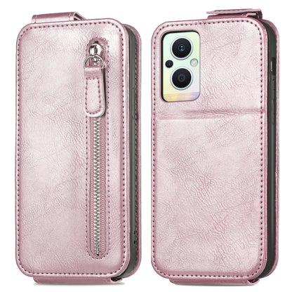 OPPO Reno8 Lite Zipper Wallet Case - Vertical Flip Leather Phone Cover with Multiple Card Slots and Stand