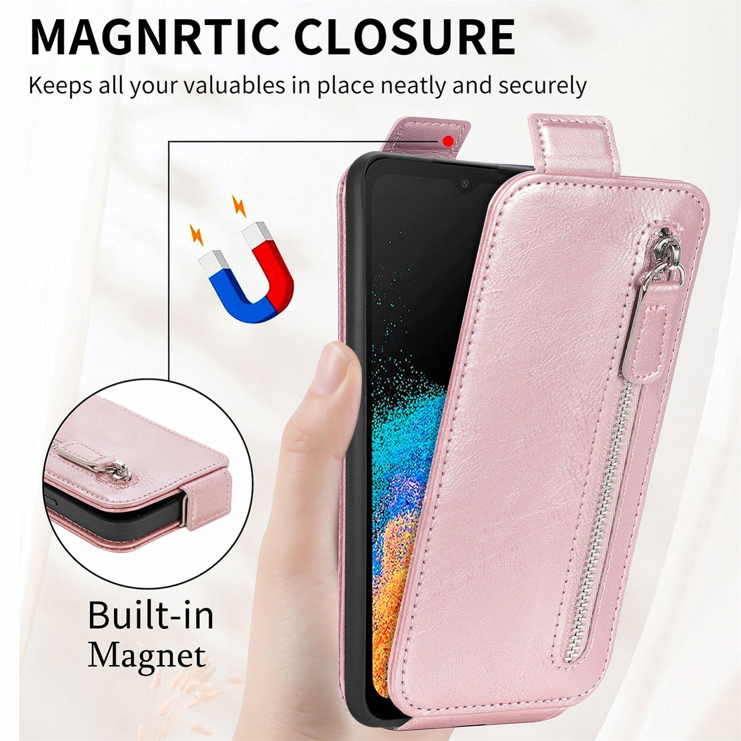 OPPO Reno8 Lite Zipper Wallet Case - Vertical Flip Leather Phone Cover with Multiple Card Slots and Stand