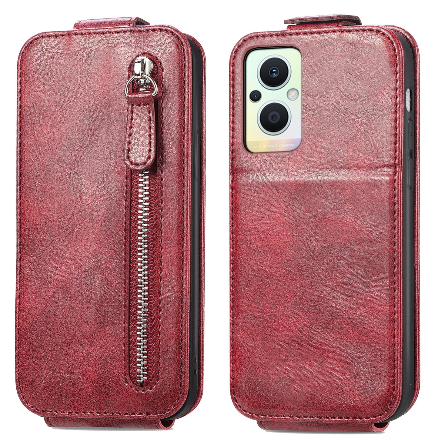 OPPO Reno8 Lite Zipper Wallet Case - Vertical Flip Leather Phone Cover with Multiple Card Slots and Stand