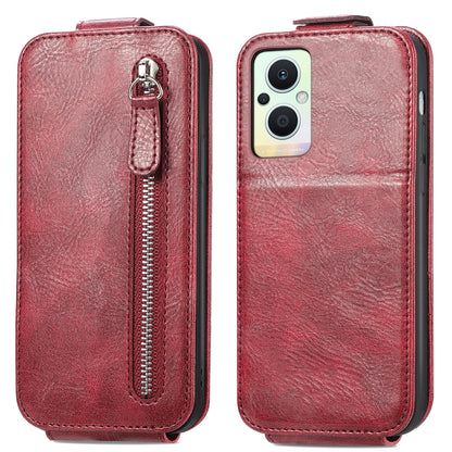 OPPO Reno8 Lite Zipper Wallet Case - Vertical Flip Leather Phone Cover with Multiple Card Slots and Stand