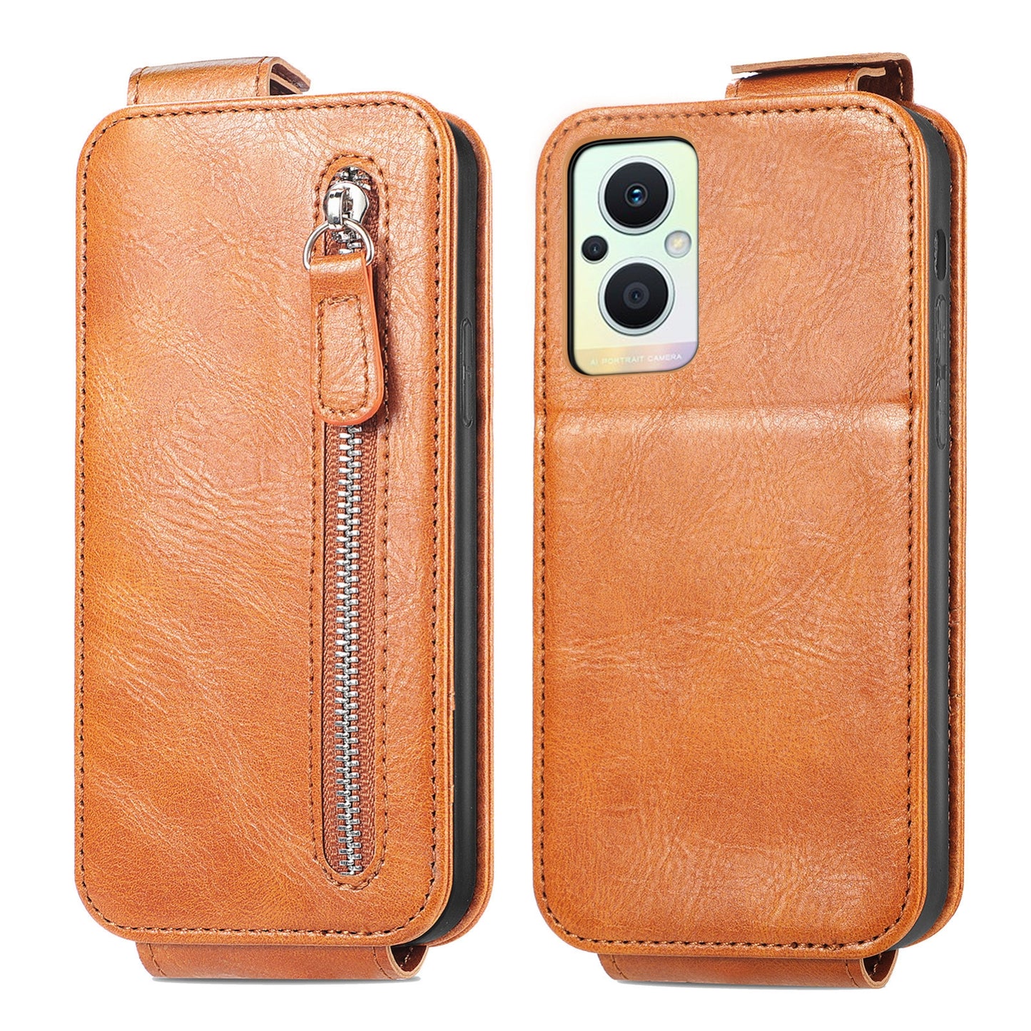 OPPO Reno8 Lite Zipper Wallet Case - Vertical Flip Leather Phone Cover with Multiple Card Slots and Stand