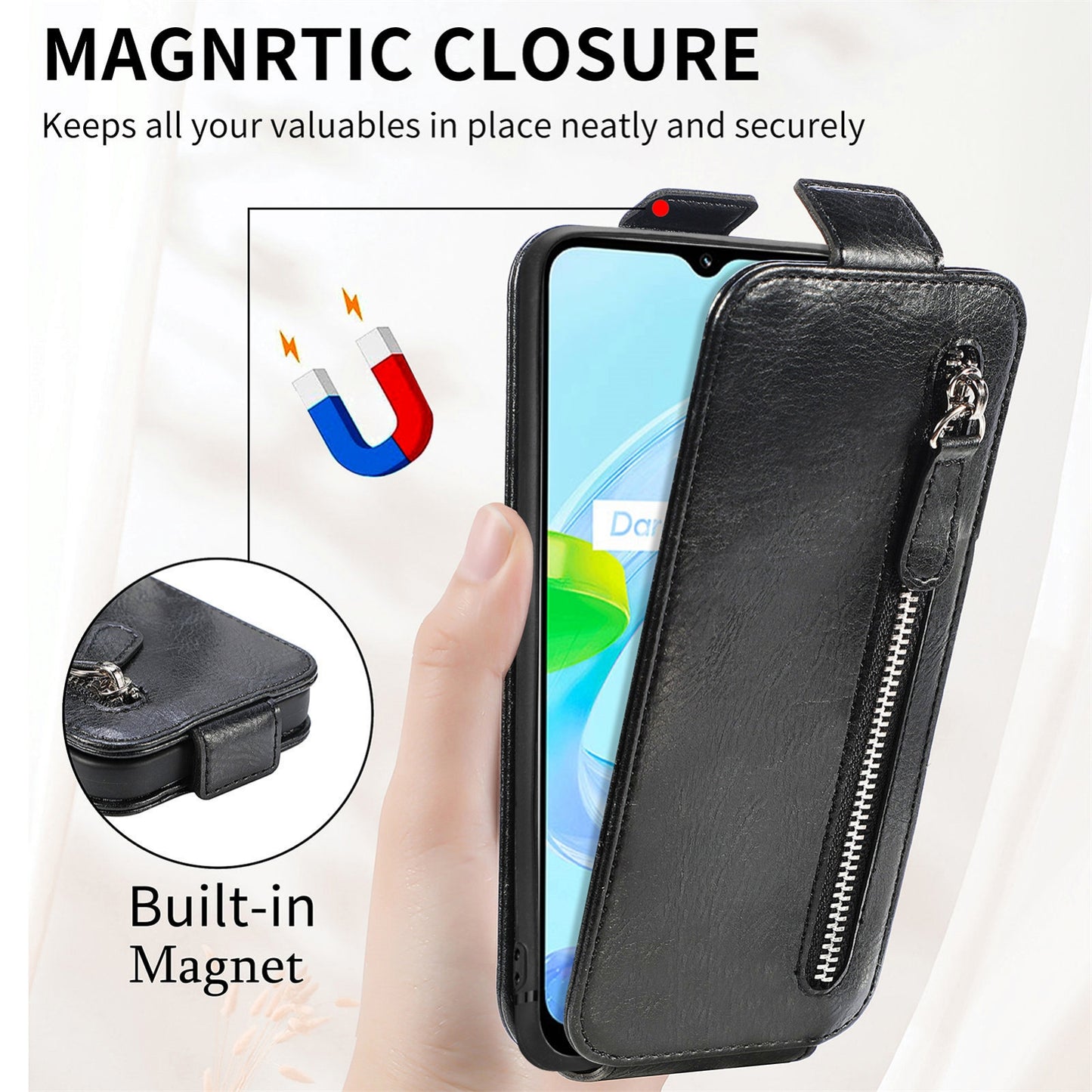 Realme C30 Zipper Wallet Case - Vertical Flip Leather Phone Cover with Multiple Card Slots and Stand