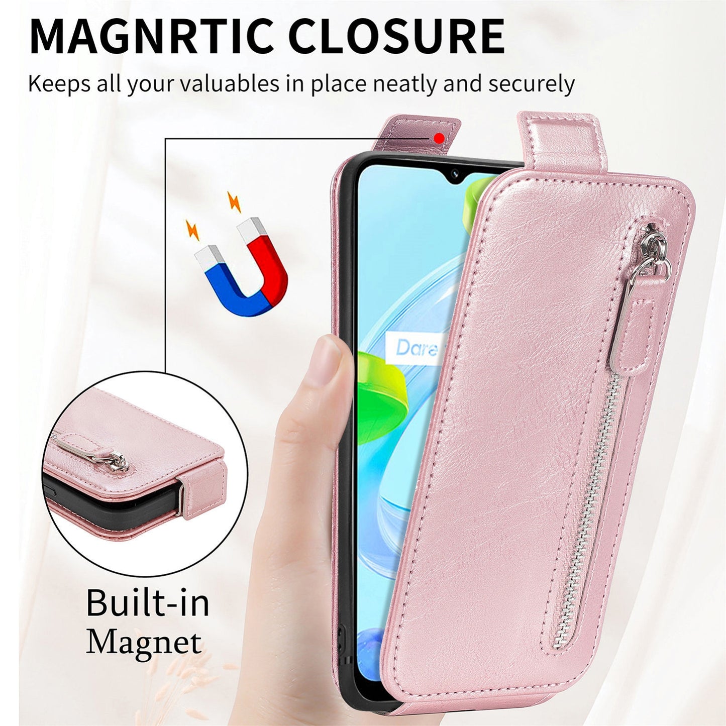 Realme C30 Zipper Wallet Case - Vertical Flip Leather Phone Cover with Multiple Card Slots and Stand