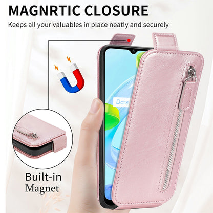 Realme C30 Zipper Wallet Case - Vertical Flip Leather Phone Cover with Multiple Card Slots and Stand