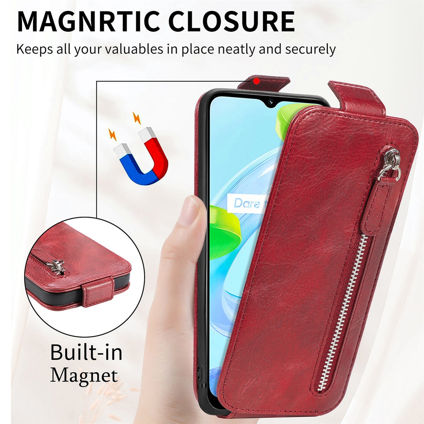 Realme C30 Zipper Wallet Case - Vertical Flip Leather Phone Cover with Multiple Card Slots and Stand