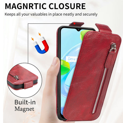 Realme C30 Zipper Wallet Case - Vertical Flip Leather Phone Cover with Multiple Card Slots and Stand