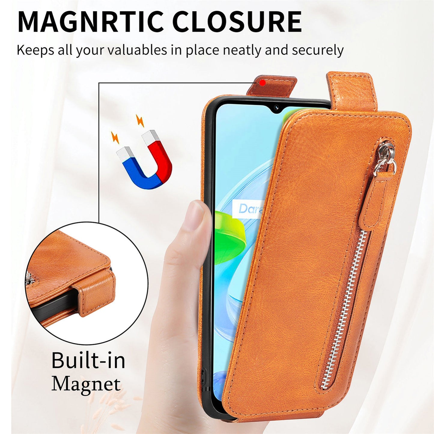 Realme C30 Zipper Wallet Case - Vertical Flip Leather Phone Cover with Multiple Card Slots and Stand