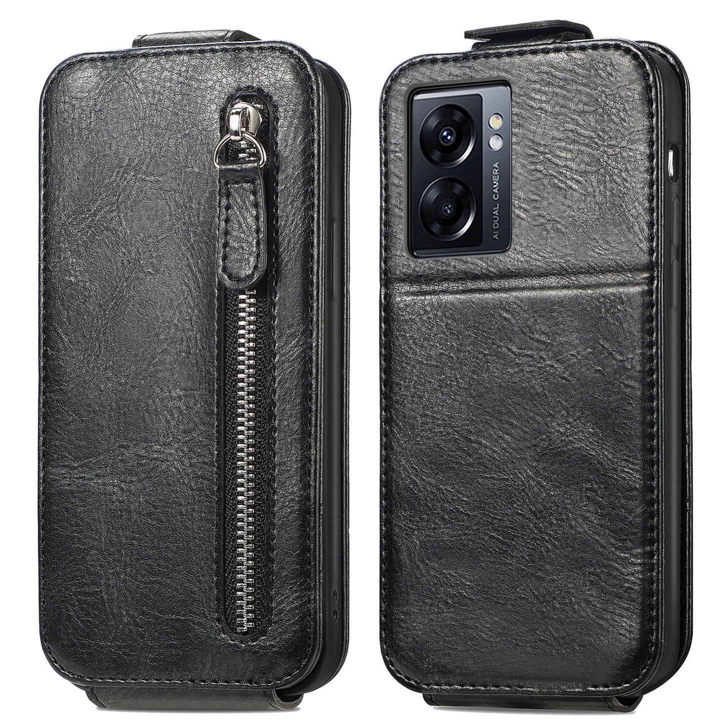 OPPO A77 Zipper Wallet Case - Vertical Flip Leather Phone Cover with Multiple Card Slots and Stand