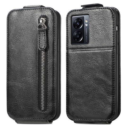 OPPO A77 Zipper Wallet Case - Vertical Flip Leather Phone Cover with Multiple Card Slots and Stand