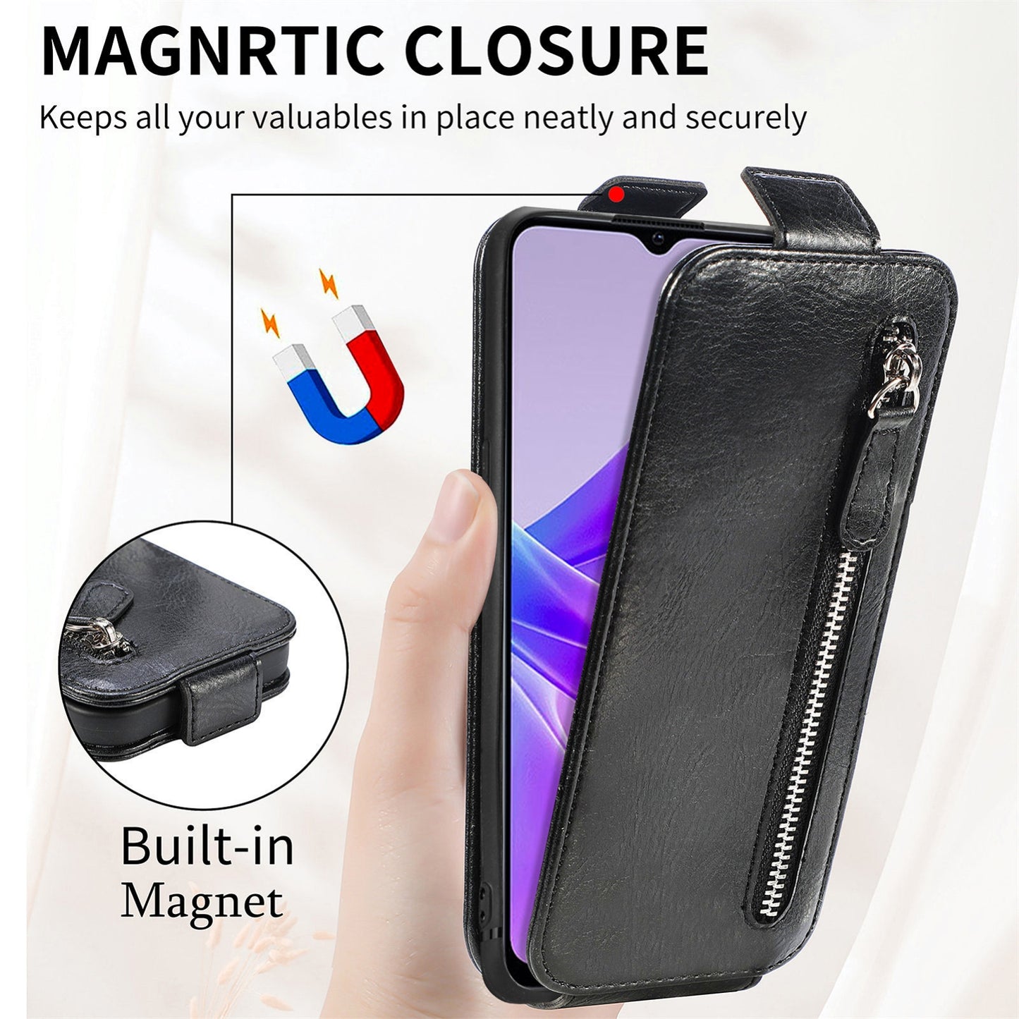 OPPO A77 Zipper Wallet Case - Vertical Flip Leather Phone Cover with Multiple Card Slots and Stand