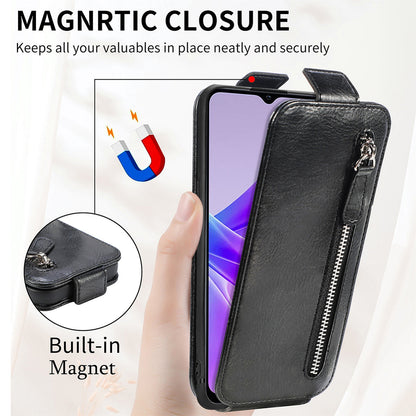 OPPO A77 Zipper Wallet Case - Vertical Flip Leather Phone Cover with Multiple Card Slots and Stand