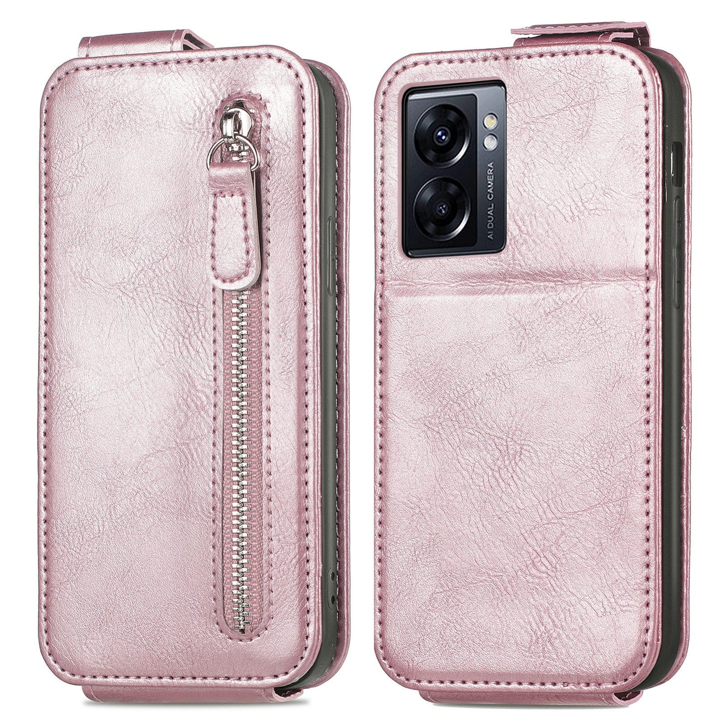 OPPO A77 Zipper Wallet Case - Vertical Flip Leather Phone Cover with Multiple Card Slots and Stand
