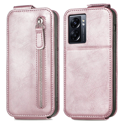 OPPO A77 Zipper Wallet Case - Vertical Flip Leather Phone Cover with Multiple Card Slots and Stand
