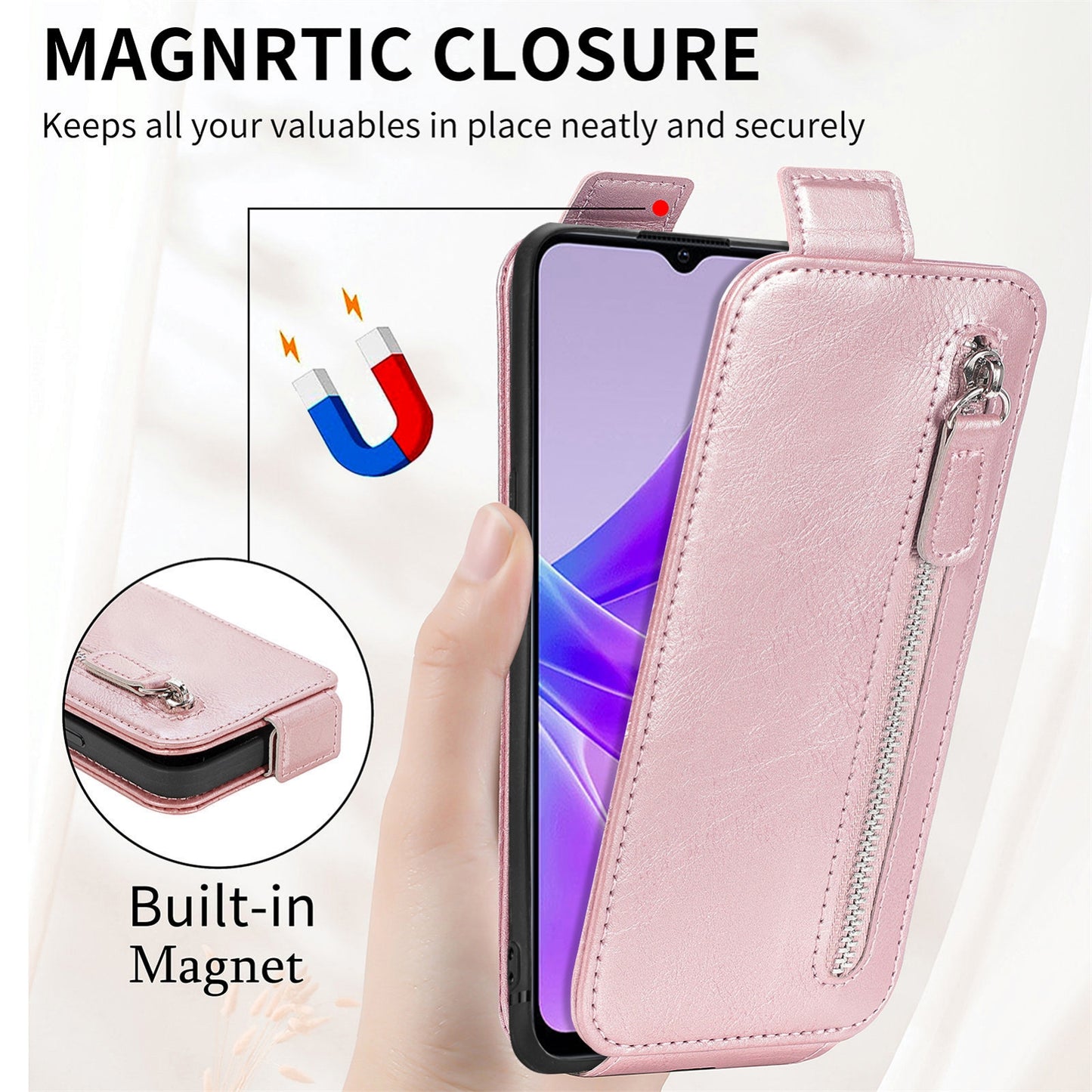 OPPO A77 Zipper Wallet Case - Vertical Flip Leather Phone Cover with Multiple Card Slots and Stand