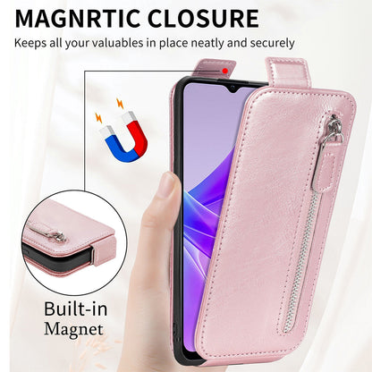 OPPO A77 Zipper Wallet Case - Vertical Flip Leather Phone Cover with Multiple Card Slots and Stand