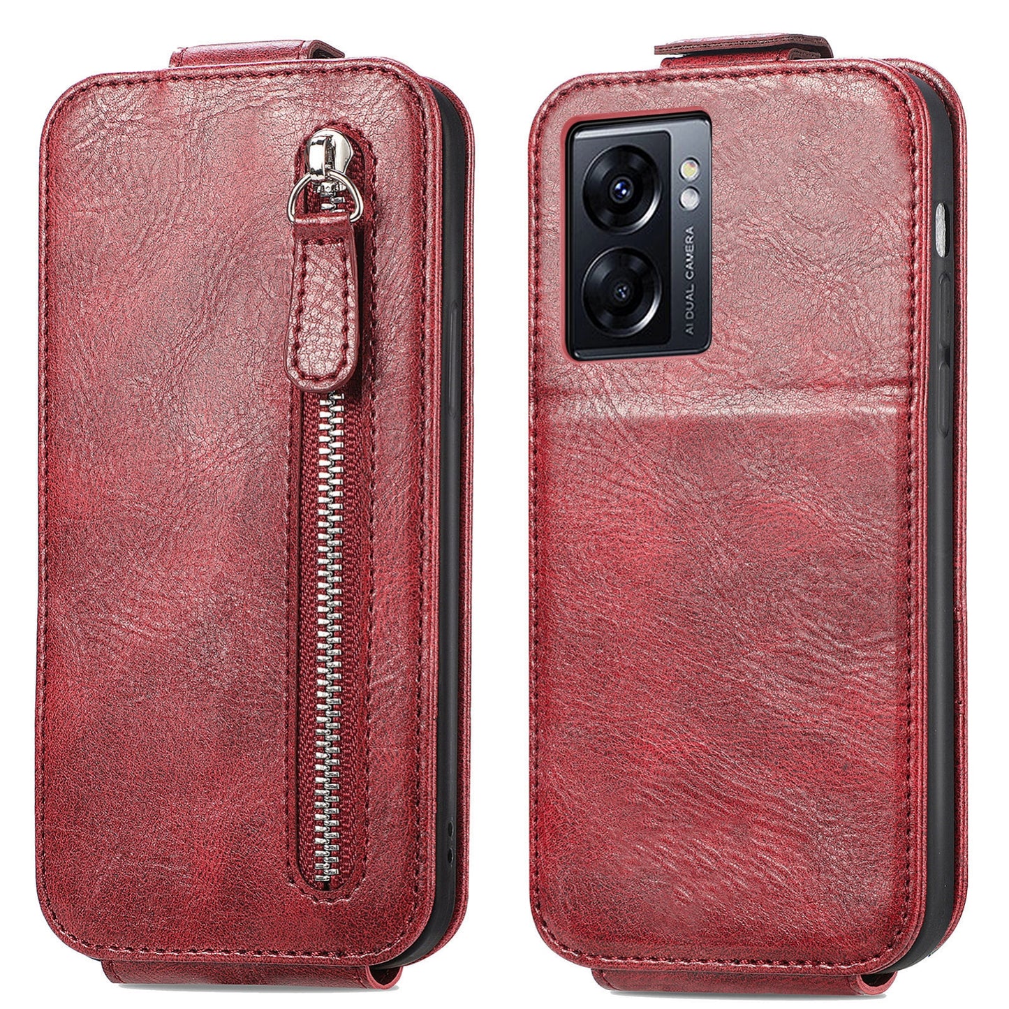 OPPO A77 Zipper Wallet Case - Vertical Flip Leather Phone Cover with Multiple Card Slots and Stand