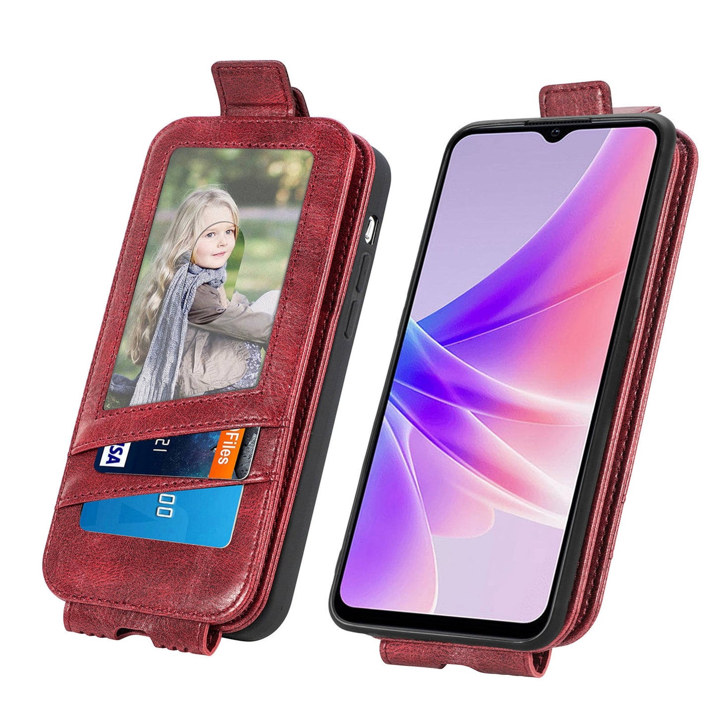 OPPO A77 Zipper Wallet Case - Vertical Flip Leather Phone Cover with Multiple Card Slots and Stand