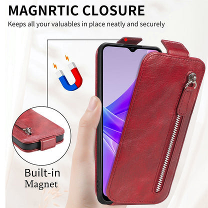 OPPO A77 Zipper Wallet Case - Vertical Flip Leather Phone Cover with Multiple Card Slots and Stand