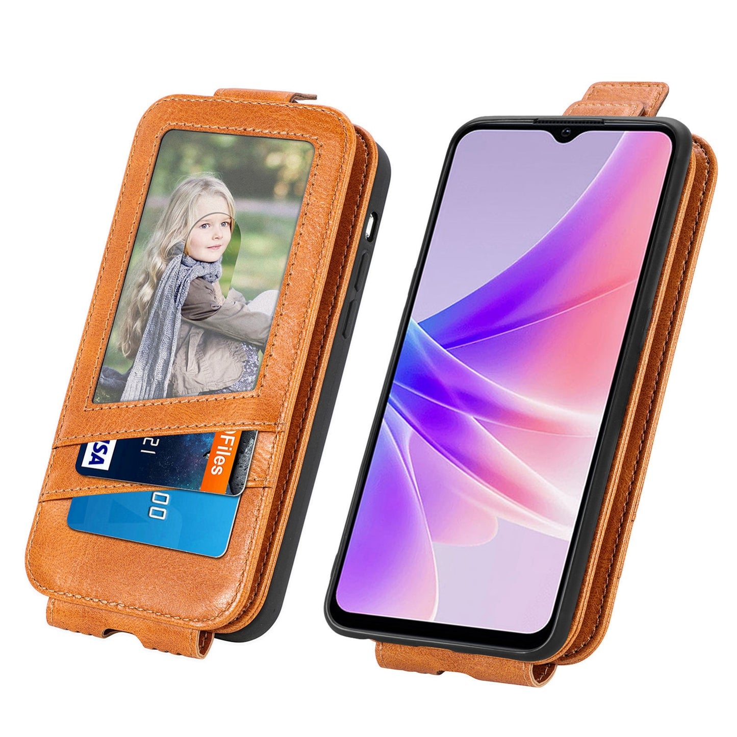 OPPO A77 Zipper Wallet Case - Vertical Flip Leather Phone Cover with Multiple Card Slots and Stand