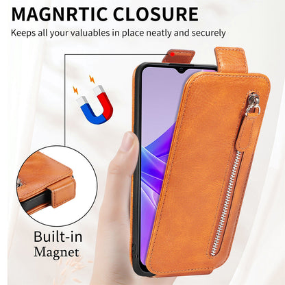 OPPO A77 Zipper Wallet Case - Vertical Flip Leather Phone Cover with Multiple Card Slots and Stand