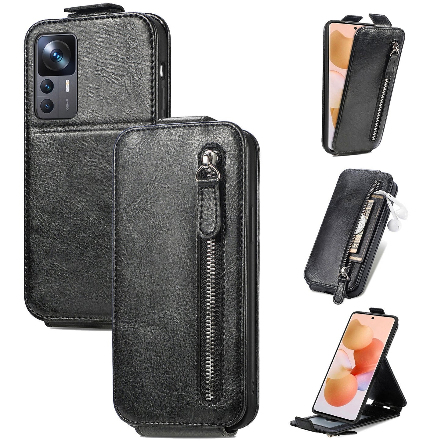 Xiaomi 12T Zipper Wallet Case - Vertical Flip Leather Phone Cover with Multiple Card Slots and Stand