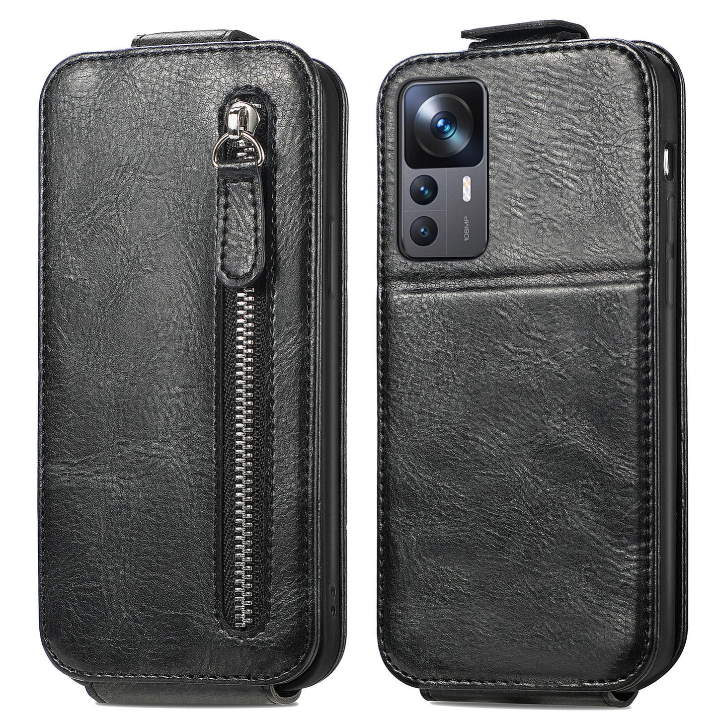 Xiaomi 12T Zipper Wallet Case - Vertical Flip Leather Phone Cover with Multiple Card Slots and Stand