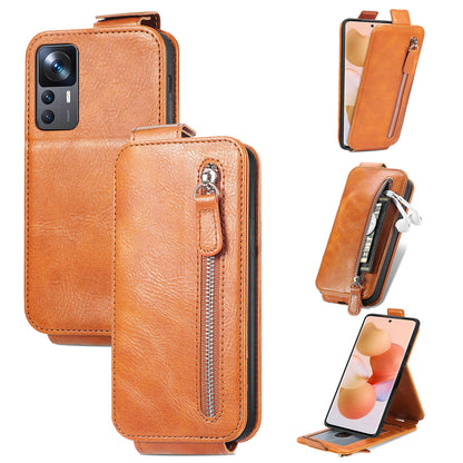 Xiaomi 12T Zipper Wallet Case - Vertical Flip Leather Phone Cover with Multiple Card Slots and Stand