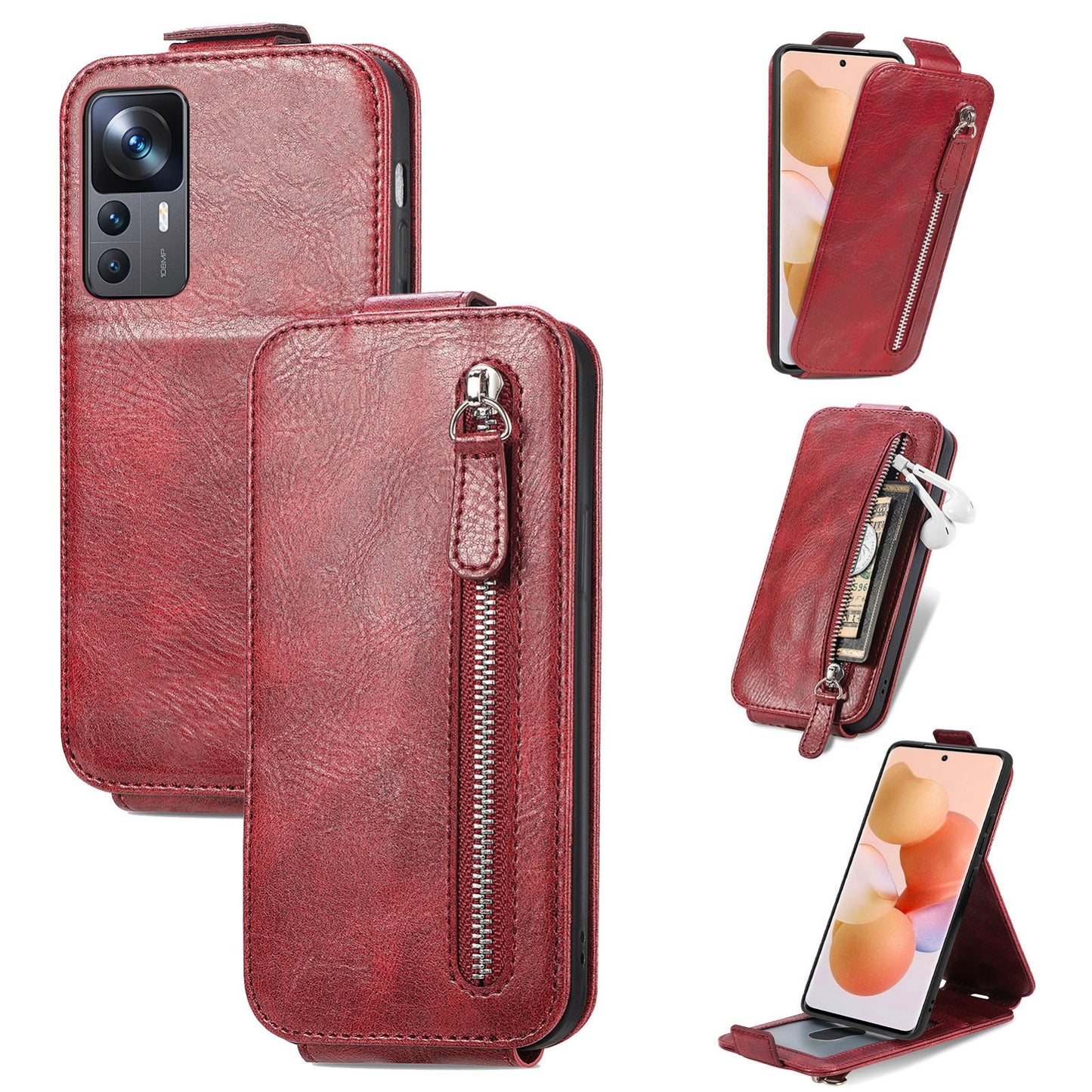 Xiaomi 12T Zipper Wallet Case - Vertical Flip Leather Phone Cover with Multiple Card Slots and Stand