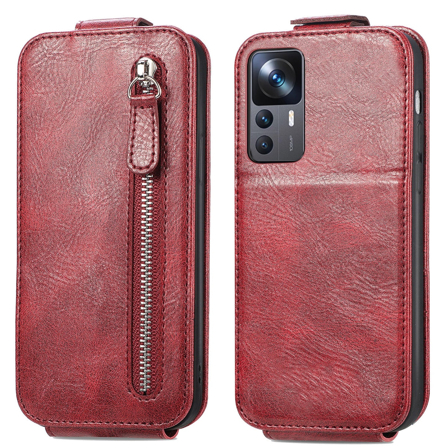 Xiaomi 12T Zipper Wallet Case - Vertical Flip Leather Phone Cover with Multiple Card Slots and Stand