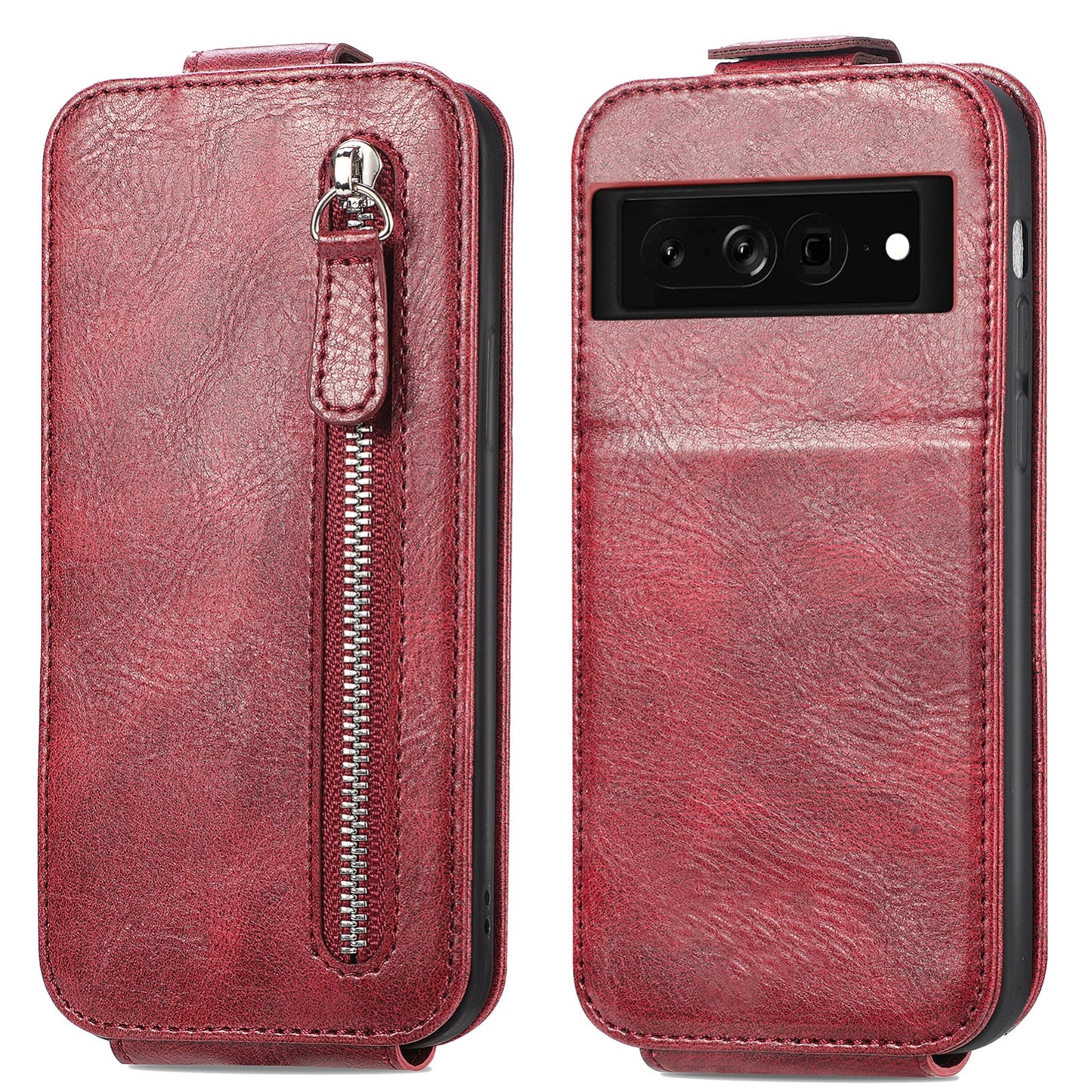 Google Pixel 7 Zipper Wallet Case - Vertical Flip Leather Phone Cover with Multiple Card Slots and Stand