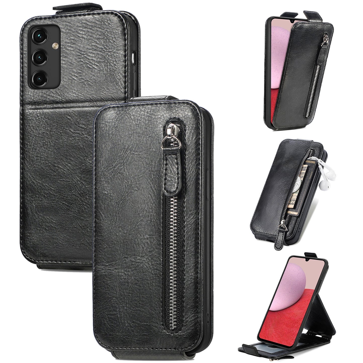 Samsung Galaxy A14 5G Zipper Wallet Case - Vertical Flip Leather Phone Cover with Multiple Card Slots and Stand