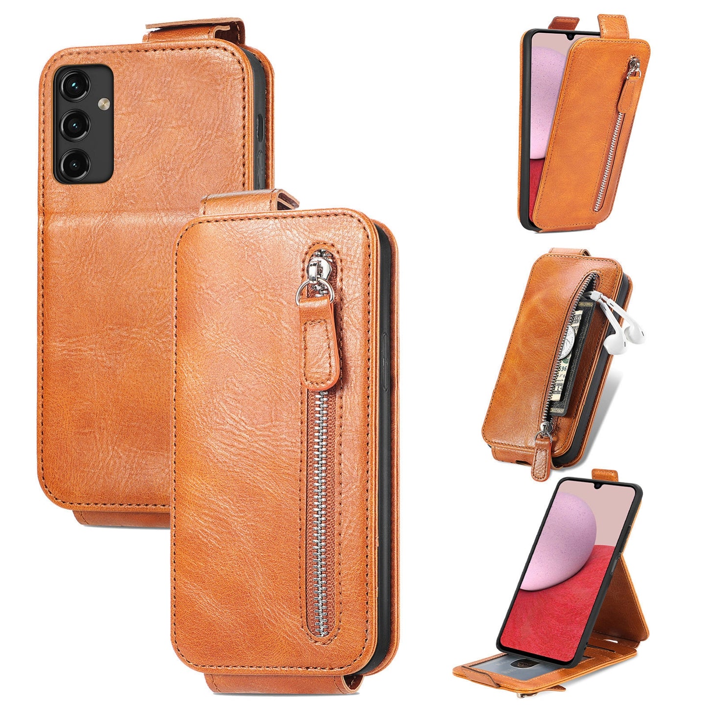 Samsung Galaxy A14 5G Zipper Wallet Case - Vertical Flip Leather Phone Cover with Multiple Card Slots and Stand